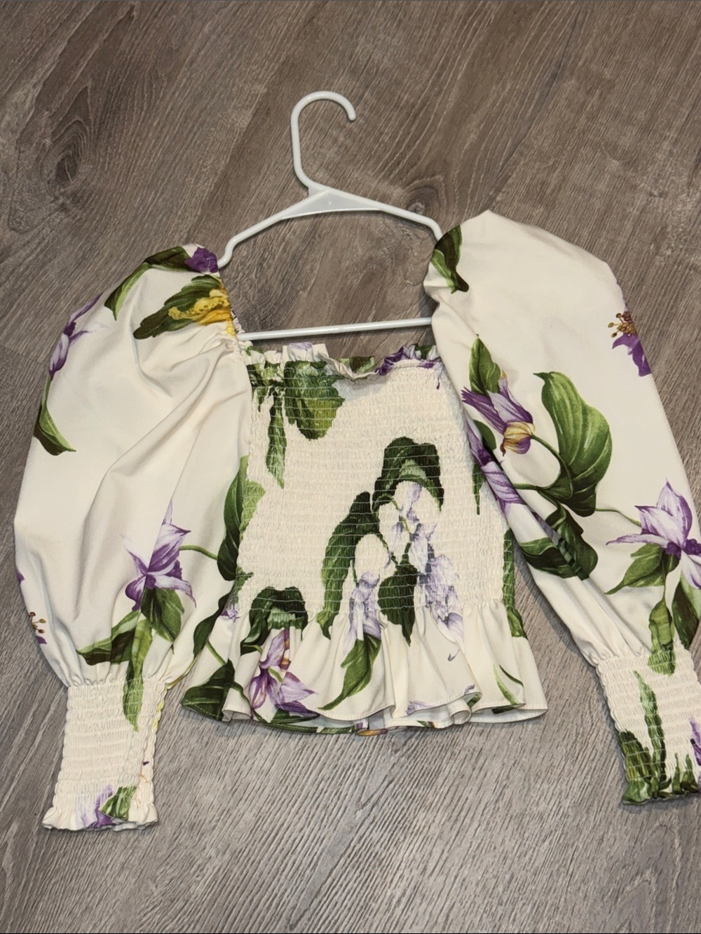 Floral Puff-Sleeve Smocked Crop Top - Cream with Green & Purple Floral
